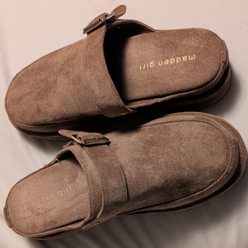 Madden Girl Taupe Suede Buckle Mules